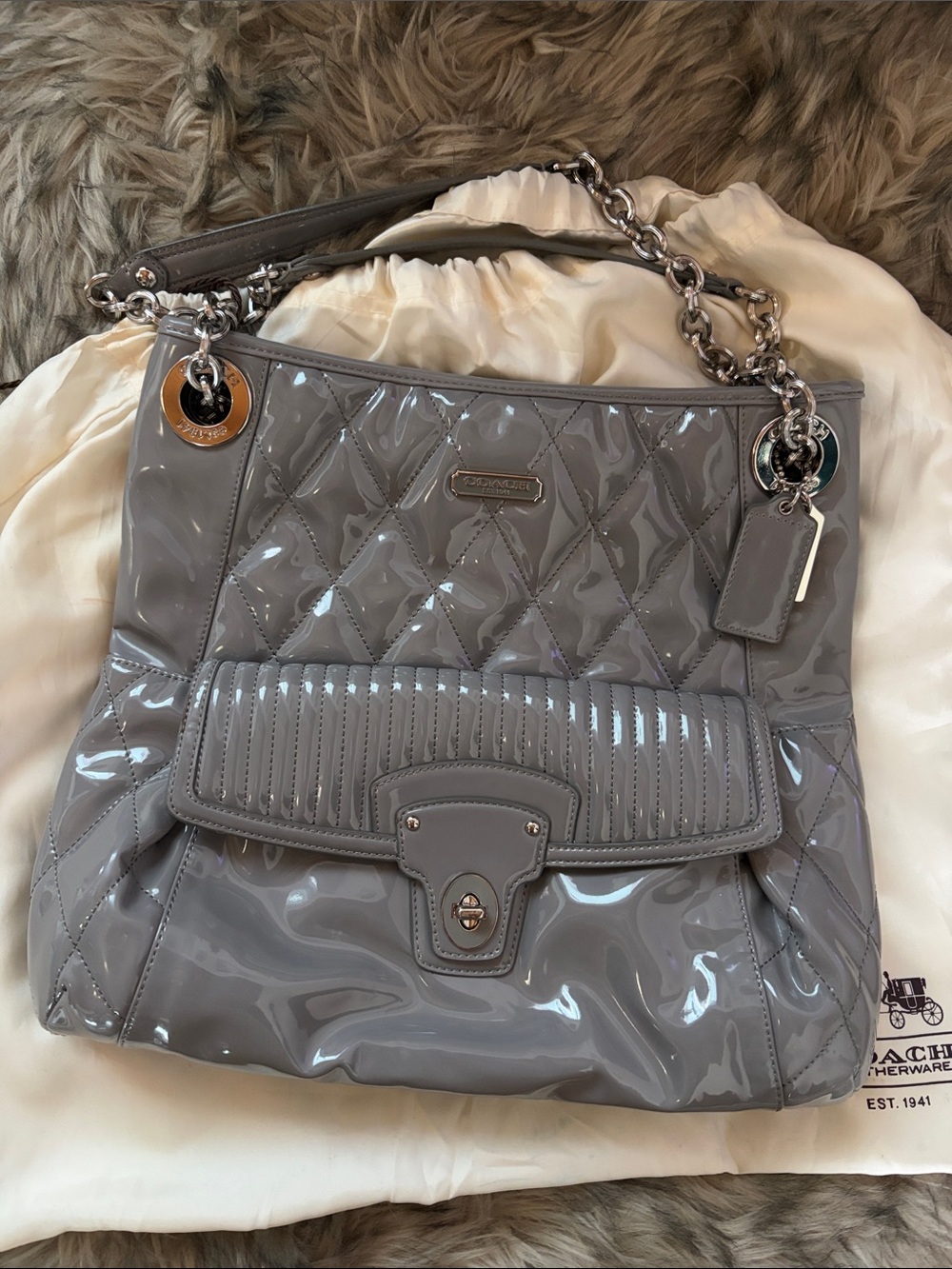 Coach Quilted Patent Shoulder Bag in Grey